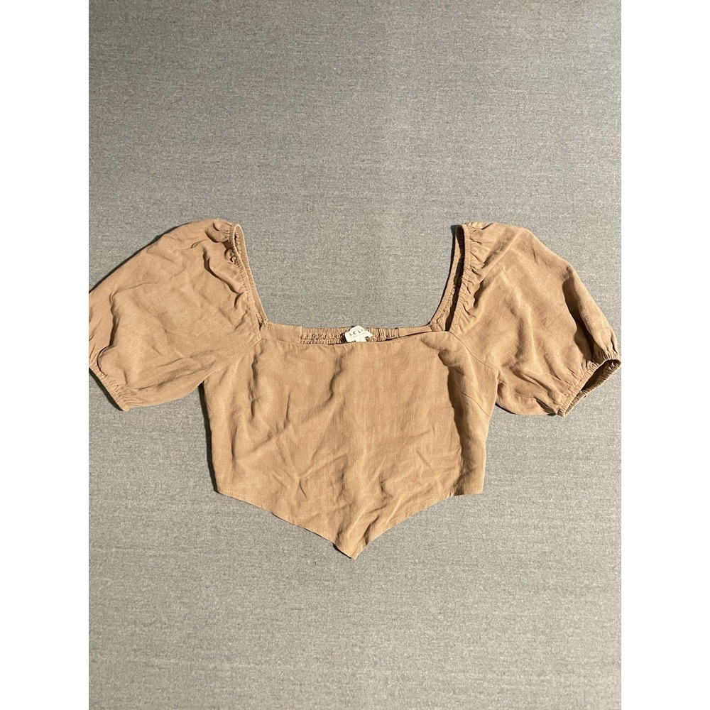 Lelis Tan Puff Sleeve Crop Top Womens Large Square Neck Boho Cottagecore Smocked